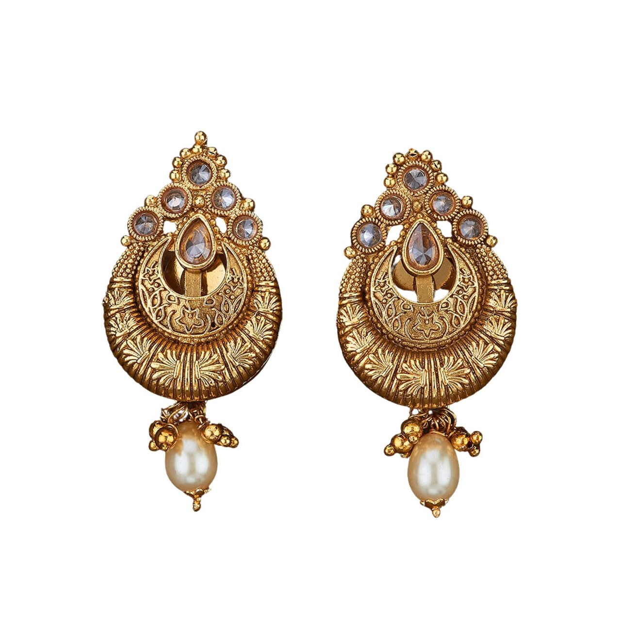 Indian Ethnic Earrings for Women - Traditional South Indian Stud Earrings Gold Plated Vibhati Jhumkas Faux Kundan Dangle Drop Earrings in Gold Tone Ear Jewelry for Bride | Gift for Her
